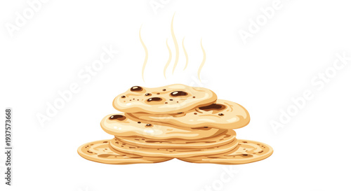 A stack of five freshly cooked, warm flatbreads, each with small brown spots and an irregular shape, is presented with subtle steam rising on a clean white background.