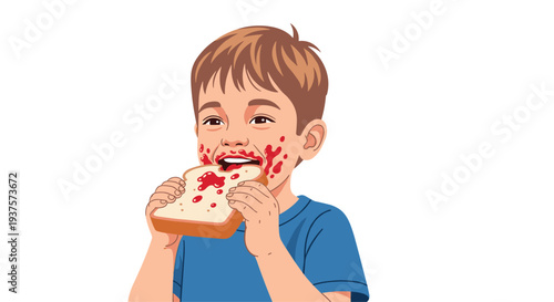 A joyful cartoon boy with light brown hair is shown from a slight side angle, happily biting into a jam-covered toast slice, with jam smeared on his face.