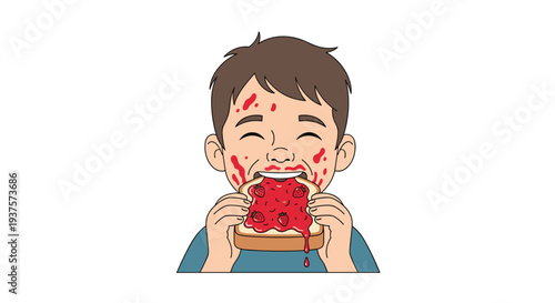 A cheerful cartoon boy with brown hair is depicted front-facing, enthusiastically eating a jam-covered toast slice, with jam smeared on his face and dripping.