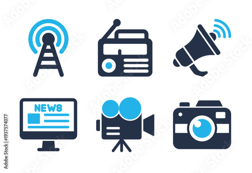 Broadcasting and Photography Media icon set. Solid glyph series icons