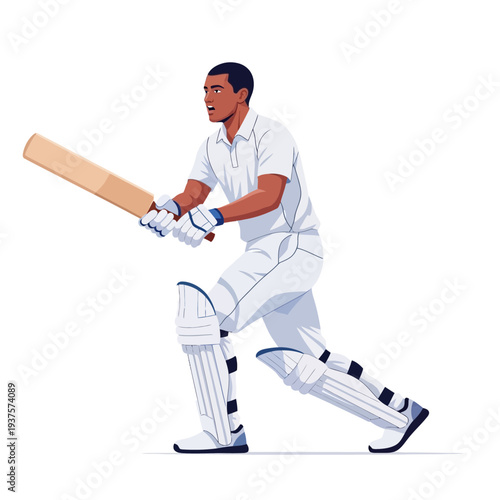 Illustration of a male cricketer in white uniform swinging a cricket bat with a focused expression on a plain white background.
