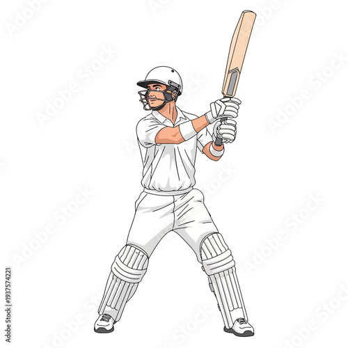 Illustration of a male cricketer wearing protective gear and holding a bat, poised to play cricket on a white background.