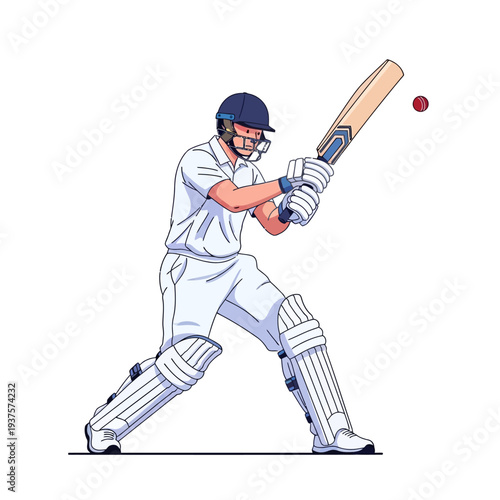 Illustration of a cricket player in action, swinging a bat at a ball with protective gear on a plain white background.