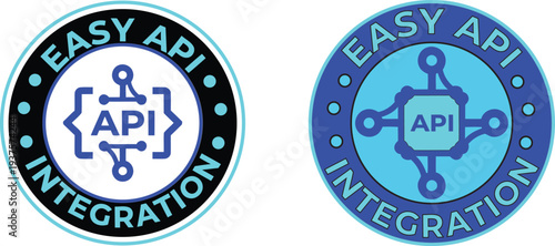 Easy API Integration Circular Badge Set with Connected Interface Symbol and Digital Software Typography, Modern Blue Technology Label Collection for Developer Tools, SaaS Platforms, Automation Service