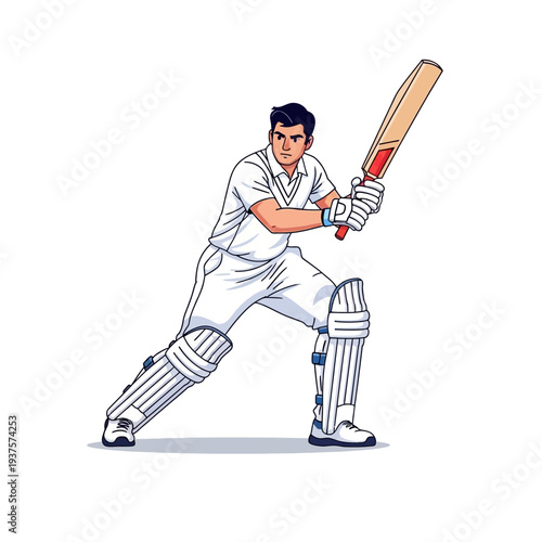 Illustration of a male cricketer in white uniform holding a cricket bat with protective gear on a plain white background.