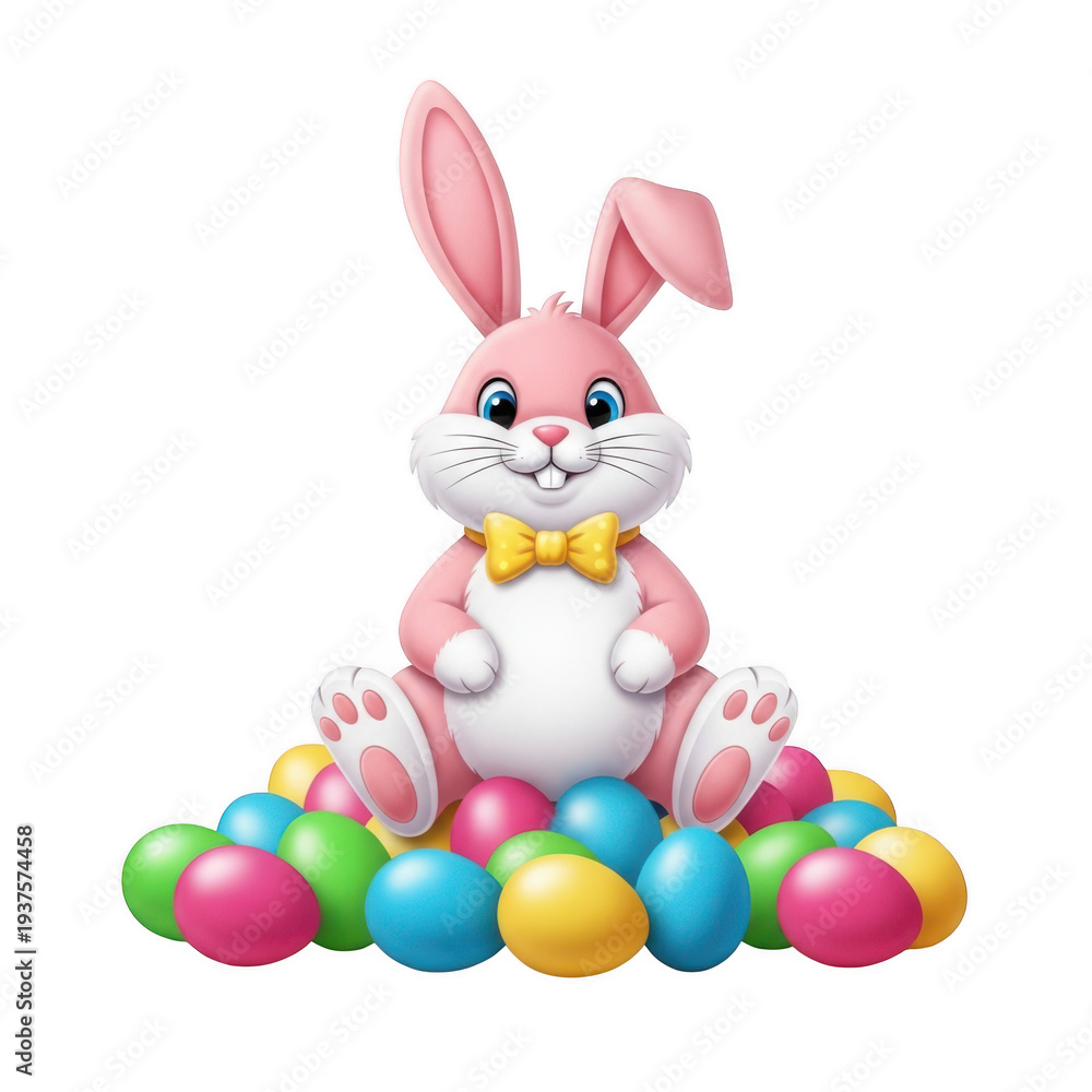 Fototapeta premium A large pink bunny surrounded by colorful easter eggs in a festive scene