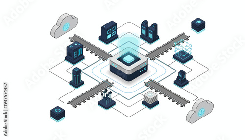 Isometric illustration of a central processing unit surrounded by various computer components and data storage devices.