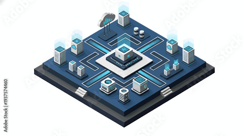 Isometric illustration of a microchip with circuit pathways and data storage units.