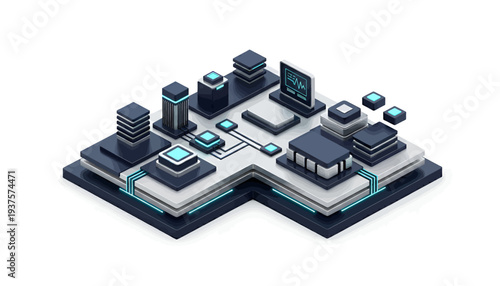 Isometric illustration of a futuristic city block with modern buildings and technology infrastructure.
