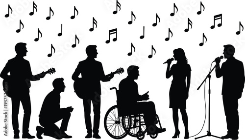 Music band silhouettes with singers guitarist and wheelchair musician isolated on white background inclusive live performance concert illustration with musical notesb