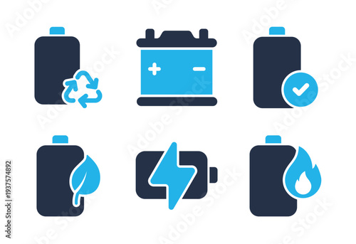 Battery Safety and Recycling icon set. Solid glyph series icons