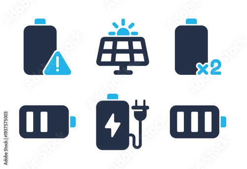 Energy Sources and Battery Capacity icon set. Solid glyph series icons