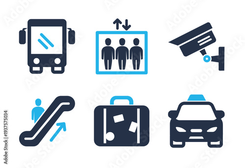 Public Transport and Security icon set. Solid glyph series icons