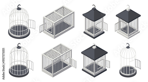 Isometric vector set of empty monochrome white metal bird cages with open wire doors on a white background. Isolated elements for technical illustration or architectural design.
