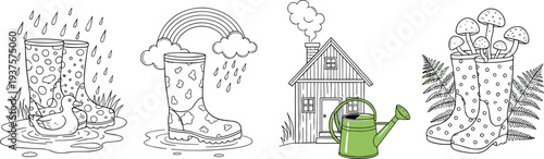 Hand drawn spring rain rubber boots coloring page set with garden flowers umbrella rainbow puddle mushrooms watering can and house doodles for kids activity