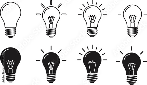 Vector Icon Set of Lightbulbs in Linear and Silhouette Styles Showing Various Illumination Levels for Creative Ideas Innovation Energy Solutions and Electric Inspiration Concepts