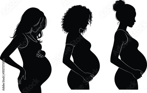 Elegant black pregnant woman silhouette collection featuring different hairstyles and poses for maternity health branding pregnancy support blogs and prenatal care graphic design.