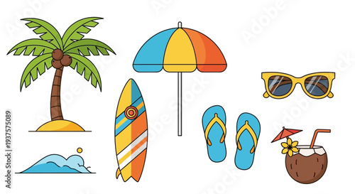 Tropical Beach Vacation Elements Set with Palm Tree, Surfboard, Parasol, and Summer Accessories