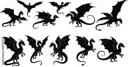 Epic black dragon silhouette collection featuring mythical flying creatures with large wings and long tails for fantasy game art and legendary beast vector illustrations.