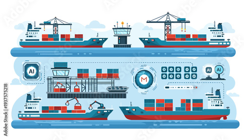 Cargo ships and containers in a shipping industry illustration.