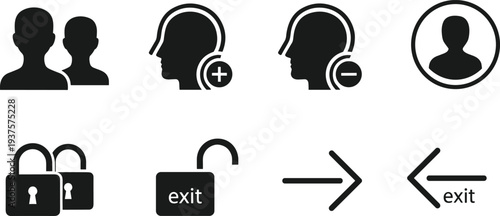 Vector Icon Set of User Account Interface Symbols Including Profile Management Add and Remove User Plus Login Logout Exit Arrows And Security Padlock Sign Elements