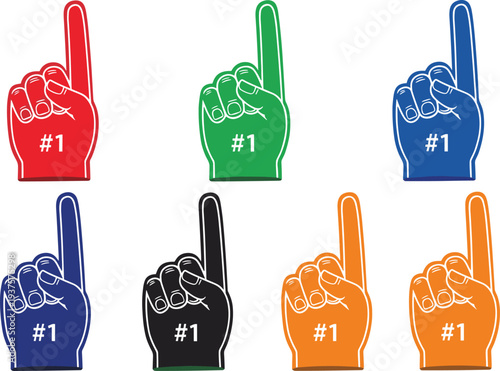 Vector Illustration Set of Colorful Foam Fingers With Number One Sign for Sports Fans Stadium Events Team Support Victory Celebration and Competition Fan Gear