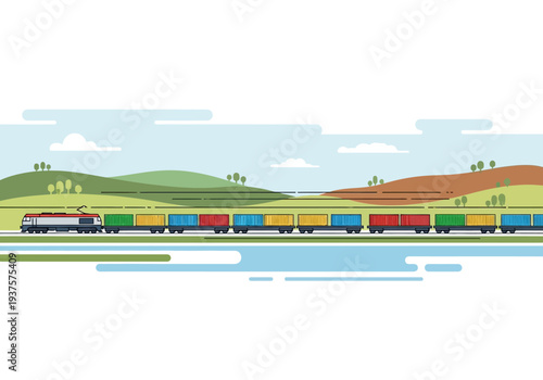 A cartoon train with cargo containers moves through a landscape with hills and a body of water