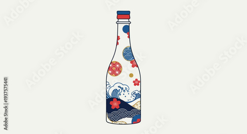Japanese Sake Bottle with Traditional Wave Pattern