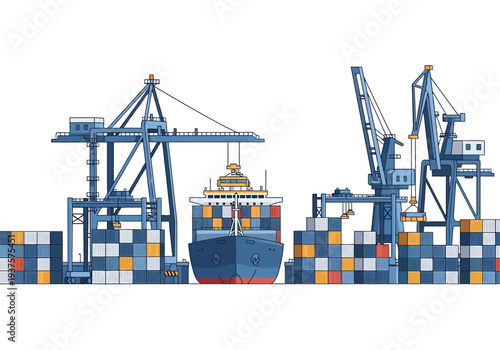 A container ship is docked at a port with cranes and stacks of containers