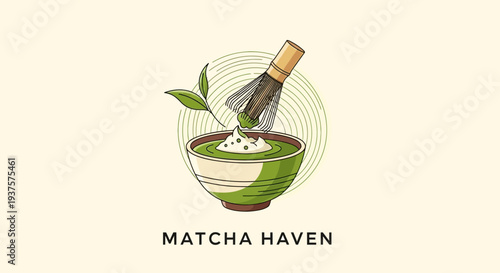 Matcha Haven Logo: Whisking Green Tea in Bowl
