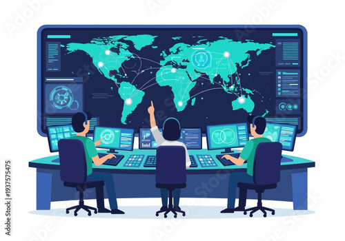 A control room with three operators and a large screen displaying a world map connected by lines