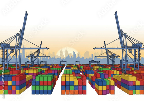 A port scene with colorful shipping containers and large cranes against a skyline and sunset