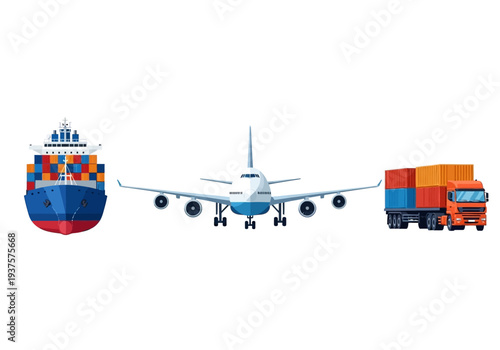 A ship airplane and truck with containers are on a white backdrop