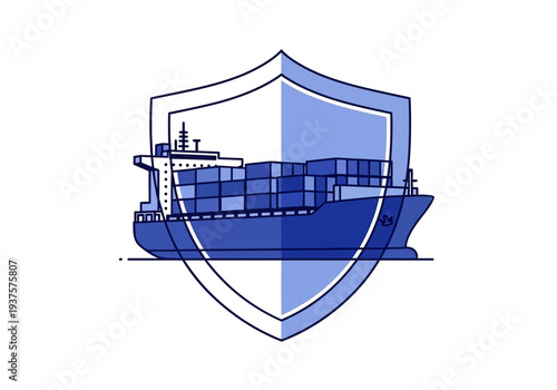 A stylized blue cargo ship is inside a shield The shield is divided in light and dark blue