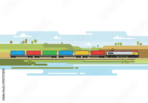 A train with several cargo containers of different colors travels across a landscape