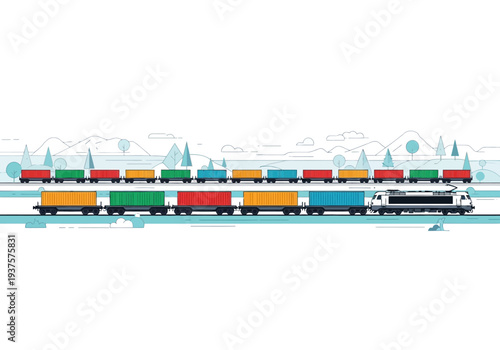 A train with colorful containers travels on tracks the backdrop features mountains and trees