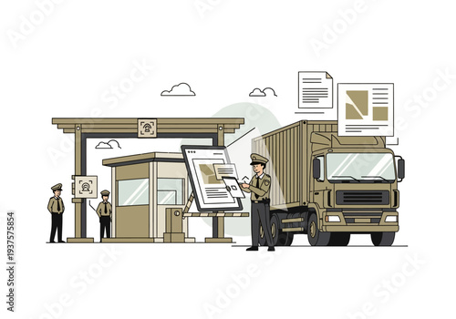 A truck being inspected at a checkpoint A guard points at a digital screen Two guards stand nearby