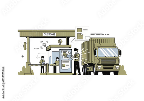 A truck at customs checkpoint Two officers in uniform are reviewing documents A barrier booth and canopy are present