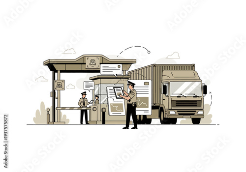 A transport truck being inspected by border officials