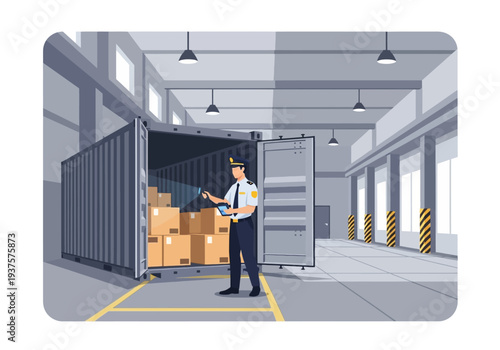 A uniformed person inspects shipping boxes in a cargo container holding a device The container door is open