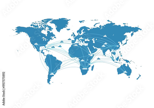 A world map depicts global shipping routes with stylized ship icons and connecting lines