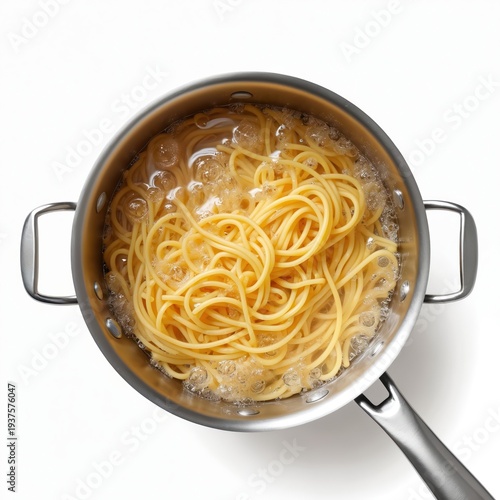 Stainless steel pot with spaghetti pasta boiling in water. Top down view shows noodles cooking, steam rising from bubbling liquid. Fresh meal preparation for dinner in kitchen.