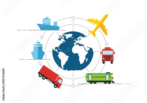 Graphic depicting global transport modes ships plane truck train and bus encircling a world map
