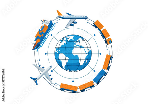 Graphic depicting global transport ship planes trains encircling a blue globe