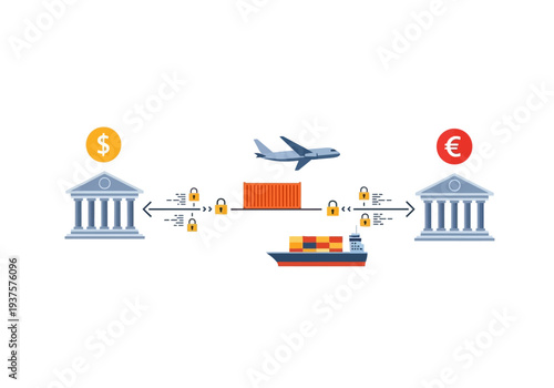 Illustration depicts international trade Features banks a plane cargo ships and containers Security locks symbolize secure transactions