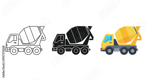 This vector illustration showcases three distinct styles of concrete mixer trucks, including outline, solid black, and colorful flat design.