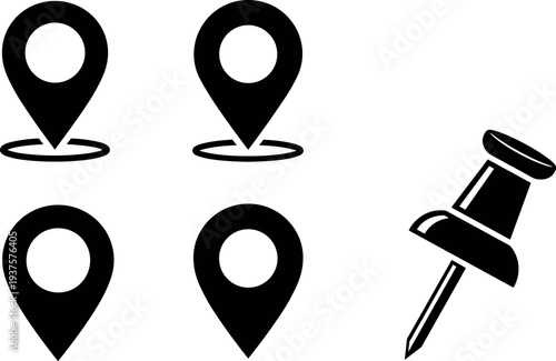 Location pin and pushpin icon set isolated on white background, simple navigation markers for maps, GPS tracking, destinations, and digital mapping interface design