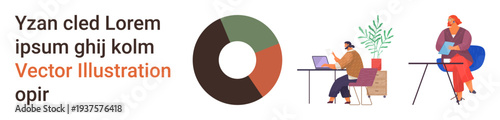 Data visualization, teamwork, remote work, corporate strategy, office tasks, productivity. A pie chart and people working on laptops. Data visualization and teamwork concept