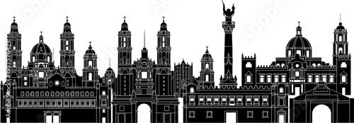 Mexico City skyline silhouette featuring historic landmarks cathedral and monument buildings isolated vector illustration of famous Mexican architecture cityscape panorama design