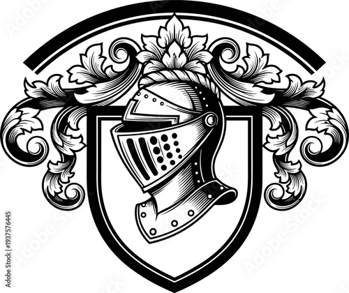 Medieval knight helmet on heraldic shield with ornate floral crest vintage engraving style illustration, classic coat of arms emblem for medieval heraldry and chivalry design